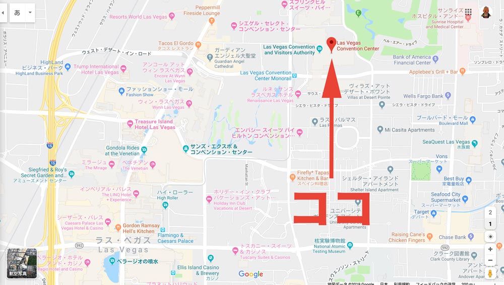 ラスベガスのメインストリートから見たコンベンションセンターの位置